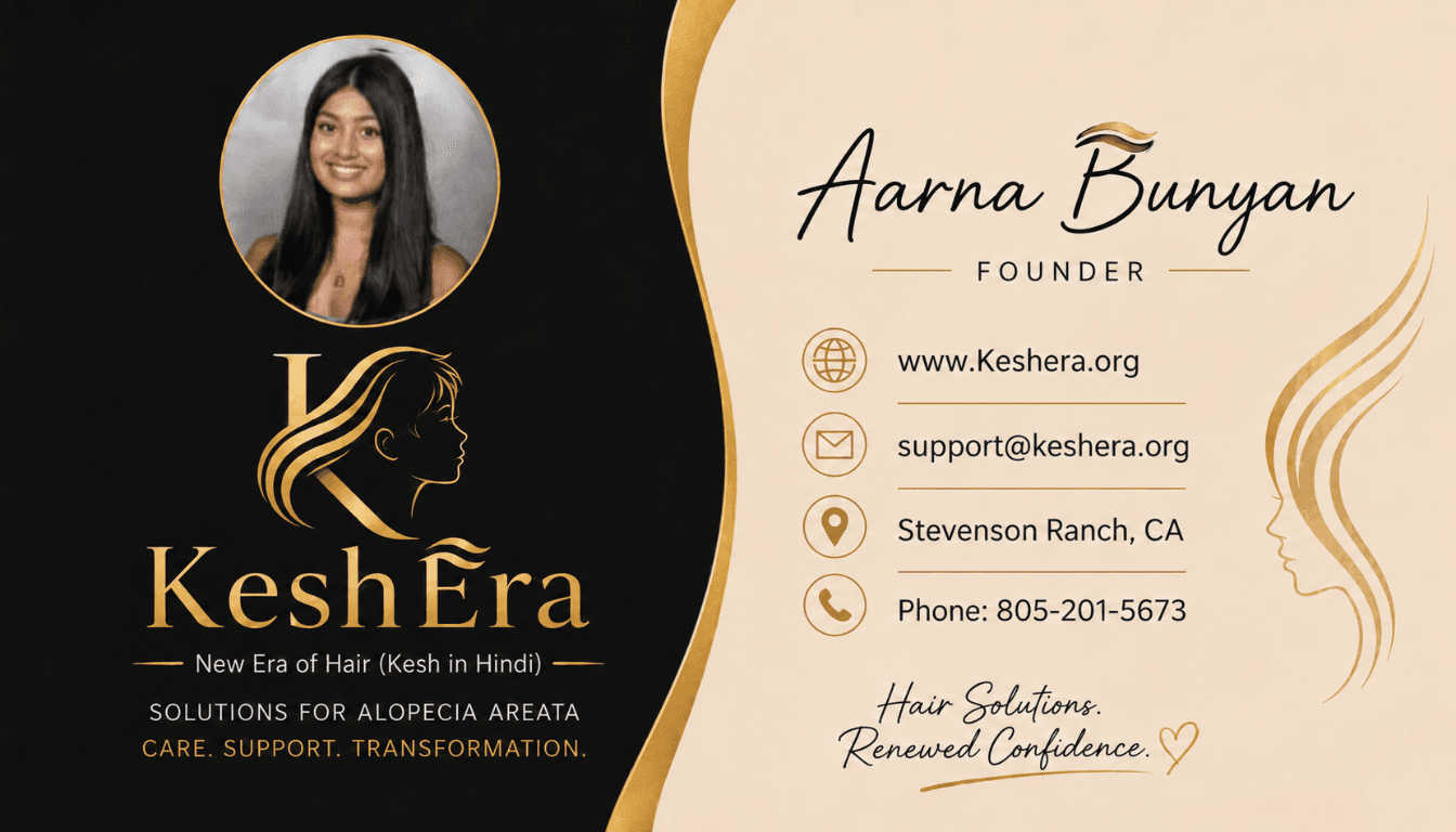 Késhera founder Aarna Bunyan's business card with the Késhera logo, website, email, location, and phone number